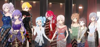6+girls absurdres ahoge airani_iofifteen alternate_costume alternate_hair_length alternate_hairstyle animal_ears anniversary anya_melfissa area_15 arm_at_side arms_at_sides asymmetrical_bangs ayunda_risu bag bare_shoulders batik black_nails black_shirt blonde_hair blouse blue_eyes blue_flower blue_hair blue_nails blue_sash blue_shirt blue_sleeves blush bracelet braid breasts brooch brown_hair carpet ceiling_light center-flap_bangs cleavage closed_mouth collar collarbone colored_inner_hair colored_tips column commentary_request cowboy_shot curly_hair curtains detached_sleeves doorway dot_nose double-parted_bangs earrings eyelashes fingernails floral_print floral_print_shirt floral_print_skirt flower gem gem_hair_ornament gradient_eyes gradient_hair green_eyes green_hair green_shirt grey_hair grey_skirt grin hair_bun hair_flower hair_ornament hairclip half_updo hand_fan hand_on_another&#039;s_arm hand_on_another&#039;s_hand hand_up handbag height_difference hievasp highres holding holding_bag holding_fan holding_ticket holoh3roes hololive hololive_indonesia holoro indonesian_clothes indonesian_commentary indoors jewelry kaela_kovalskia kebaya kobo_kanaeru kureiji_ollie lace lace-trimmed_shirt lace_trim large_breasts light_blush long_bangs long_hair long_skirt long_sleeves looking_at_viewer medium_breasts medium_hair moona_hoshinova multicolored_eyes multicolored_hair multicolored_skirt multiple_girls nail_polish necklace off-shoulder_shirt off_shoulder one_eye_closed open_mouth own_hands_together paint_palette paper_fan parted_lips pavolia_reine pendant pillar pink_collar pink_hair pink_nails pink_shirt pointing ponytail print_skirt purple_eyes purple_hair purple_shirt red_carpet red_eyes red_gemstone red_hair ring sash see-through_clothes see-through_sleeves shirt short_hair short_sleeves side-by-side side_braid side_slit single_bare_shoulder skirt sleeveless sleeveless_shirt small_breasts smile squirrel_ears squirrel_girl squirrel_tail standing stitched_face stitched_torso stitches streaked_hair swept_bangs tail teeth ticket tongue upper_teeth_only v-neck v_arms very_long_hair vestia_zeta virtual_youtuber wavy_hair white_hair white_nails white_shirt yellow_eyes yellow_trim zombie