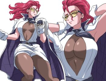 1girl adjusting_hair belt_buckle black-framed_eyewear breasts brown_pantyhose buckle capcom coat coat_on_shoulders crimson_viper female_focus gloves highres jacket large_breasts long_sleeves looking_at_viewer nasu_(ilo_a5) necktie necktie_aside open_clothes open_jacket pantyhose red_hair skirt street_fighter street_fighter_6 sunglasses tinted_eyewear white_coat white_gloves white_jacket white_skirt yellow-tinted_eyewear