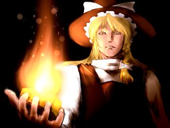 1girl blonde_hair braid cho_marisa fire frilled_hat frills hat kirisame_marisa long_hair mini-hakkero pyrokinesis shirosato side_braid touhou witch_hat