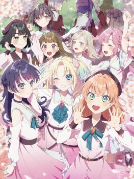 6+girls :d ahoge anyoji_hime aqua_neckerchief arm_up ascot beret black_hair black_ribbon blonde_hair blue_eyes blue_hair blunt_bangs bob_cut braid brown_dress brown_hair brown_hat center-flap_bangs ceras_yanagida_lilienfeld cherry_blossoms clenched_hand closed_mouth clothing_cutout commentary_request curtained_hair dream_believers dress flower fold-over_gloves frilled_ascot frills fujishima_megumi gloves gradient_hair green_ascot green_eyes green_hair green_ribbon grey_hair hair_flower hair_ornament hair_ribbon hasu_no_sora_school_uniform hat highres hinoshita_kaho index_finger_raised jellyfish_cut kachimachi_kosuzu katsuragi_izumi kyaku_tasu link!_like!_love_live! long_hair long_sleeves looking_at_viewer love_live! momose_ginko multi-tied_hair multicolored_hair multiple_girls murano_sayaka neck_ribbon neckerchief ogami_sachi open_mouth orange_eyes orange_hair osawa_rurino otomune_kozue petals pink_dress pink_flower pink_hair pink_ribbon pinstripe_ascot pinstripe_ribbon ponytail purple_hair rabbit_hair_ornament raised_fist red_streaks ribbon sailor_collar sailor_dress school_uniform short_hair short_sleeves shoulder_cutout side_braids side_ponytail sidelocks smile teeth triangle_hair_ornament twintails two_side_up upper_teeth_only virtual_youtuber watermark white_gloves white_sailor_collar winter_uniform yugiri_tsuzuri