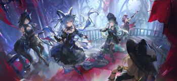 3d_background 5girls absurdres animal_ears arknights bang_dream! bang_dream!_it's_mygo!!!!! bare_shoulders black_dress black_gloves black_thighhighs blonde_hair blue_hair bonnet breasts checkered_floor curled_horns dress gloves green_hair hair_ornament hat highres horns indoors jewelry long_hair medium_breasts misumi_uika misumi_uika_(caged_singer) multiple_girls official_alternate_costume pantyhose pink_hair purple_hair red_carpet ribbon stairs thighhighs togawa_sakiko togawa_sakiko_(master_of_melodia) very_long_hair wakaba_mutsumi wakaba_mutsumi_(marionette's_id) wrist_cuffs yahata_umiri yahata_umiri_(moonlight_executioner) yellow_eyes yuutenji_nyamu yuutenji_nyamu_(magician_of_passion) zombie_ke