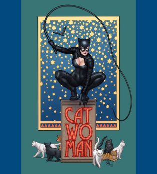 1girl bat_(animal) batman_(series) black_bodysuit black_gloves black_mask bodysuit breasts cat catwoman character_name cleavage dc_comics frank_cho gloves green_eyes highres holding holding_whip large_breasts looking_at_viewer pillarboxed selina_kyle signature squatting star_(symbol)