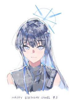 1girl bare_shoulders black_hair blue_archive blue_eyes blue_hair chiriejjiyo commentary_request halo highres long_hair looking_at_viewer saori_(blue_archive) sleeveless solo turtleneck upper_body white_background