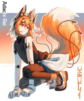 1girl a.i._voice adachi_rei all_fours android animal_ear_headphones animal_ears black_pantyhose black_shirt cable character_name closed_mouth commentary fake_animal_ears full_body grey_shorts hair_ornament headphones headset highres joints kemonomimi_mode looking_to_the_side medium_hair orange_eyes orange_hair pantyhose qiukui robot_joints shirt shoes shorts skirt sleeves_rolled_up sneakers solo symbol-only_commentary tail utau white_skirt
