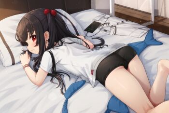 1girl absurdres ass black_hair cellphone commentary comodox english_commentary hair_bobbles hair_ornament highres indoors long_hair looking_at_viewer lulla_(comodox) lying on_stomach original paid_reward_available phone pillow red_eyes shirt short_sleeves solo white_shirt