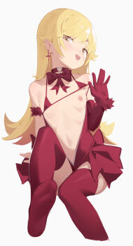 1girl absurdres bakemonogatari belly bikini blonde_hair blush bra bra_lift choker clothes_lift cropped_legs elbow_gloves fang flat_chest gloves head_tilt heart heart_o-ring heart_ring_choker highres ke'ai_qu_qu legs loli long_hair monogatari_(series) nipples o-ring o-ring_choker open_mouth oshino_shinobu red_bikini red_earrings red_gloves red_skirt red_thighhighs sitting skirt swimsuit thighhighs underwear yellow_eyes