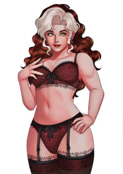 1girl absurdres breasts brown_hair butsuyui colored_bangs garter_straps green_eyes highres large_breasts lingerie long_hair looking_at_viewer marvel marvel_rivals multicolored_hair navel rogue_(x-men) smile solo two-tone_hair underwear white_hair x-men