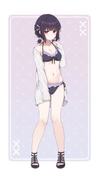 1girl bikini black_bikini black_hair breasts cleavage frilled_bikini frills full_body gradient_background highres jacket looking_at_viewer low_twintails medium_breasts nagami_yuu open-toe_shoes original red_eyes short_hair side-tie_bikini_bottom solo standing swimsuit twintails white_jacket