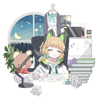 1girl animal_ear_headphones animal_ears blonde_hair blue_archive blue_bow blue_necktie blush book book_stack bow cat_ear_headphones cat_ears chair closed_eyes collared_shirt commentary_request crescent_moon desk_lamp fake_animal_ears hair_bow headphones highres holding holding_pen jacket lamp long_sleeves midori_(blue_archive) moon multicolored_jacket necktie night paper pen pencil shirt short_hair sleeping sleeping_upright solo stuffed_animal stuffed_toy teddy_bear two-sided_fabric two-sided_jacket usaginoakubi802 white_jacket white_shirt window zzz
