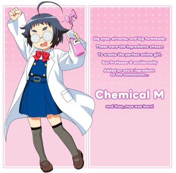 1girl absurdres ahoge arm_up artist_self-insert belt bk_(barakoodra) black_hair bow bowtie coat coke-bottle_glasses commentary dress drooling english_commentary english_text full_body glasses hair_flaps highres holding_beaker kneehighs lab_coat long_sleeves mouth_drool open_clothes open_coat open_mouth original raised_fist see-through_clothes see-through_legwear short_bangs short_hair smile socks solo thick_eyebrows