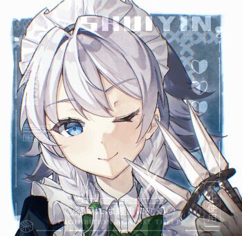 Rule 34 | 1girl, between fingers, blue eyes, bow, bowtie, braid, chinese commentary, closed mouth, commentary request, commission, glint, green bow, green bowtie, grey hair, hair bow, highres, holding, holding knife, hongcai rainbow, izayoi sakuya, knife, knives between fingers, long hair, looking at viewer, maid, maid headdress, one eye closed, smile, solo, touhou, twin braids, watermark