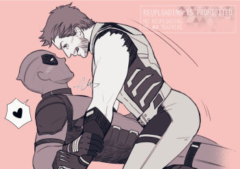 2boys ass beard blush bodysuit commentary_request deadpool deadpool_&amp;_wolverine deadpool_(series) facial_hair gloves heart highres holding_another's_wrist licking_lips looking_at_another male_focus marvel marvel mask multiple_boys muscular muscular_male sherlock7akane signature sitting sitting_on_person sleeveless spoken_heart superhero_costume tongue tongue_out wolverine_(x-men) x-men yaoi