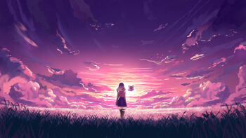 1girl black_thighhighs blue_skirt clothing_cutout cloud cloudy_sky commentary creature english_commentary evening from_behind gradient_hair highres kimigalunar long_hair meadow multicolored_hair original pink_sweater purple_sky purple_theme scenery shoulder_cutout skirt sky sky_focus solo standing sun sunset sweater thighhighs wide_shot