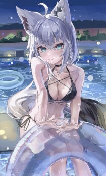 1girl absurdres ahoge animal_ear_fluff animal_ears bikini black_bikini braid breasts cleavage commentary_request earrings fox_ears fox_girl fox_tail green_eyes hair_between_eyes highres hololive innertube jewelry lazyramen long_hair looking_at_viewer medium_breasts night outdoors poolside shirakami_fubuki side-tie_bikini_bottom sidelocks single_braid sitting smile solo swim_ring swimsuit tail virtual_youtuber white_hair
