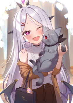 1girl ;d alternate_costume animal animalization black_bag black_horns blue_archive brown_jacket brown_skirt cat commentary_request demon_girl demon_horns demon_wings earrings fried_hoshino_(meme) grey_cat highres hina_(blue_archive) holding holding_animal holding_cat horns hoshino_(blue_archive) iori_(blue_archive) jacket jewelry long_hair low_wings meme one_eye_closed open_mouth purple_eyes purple_wings revision shirt skirt smile uneg upper_body very_long_hair white_hair white_shirt wings