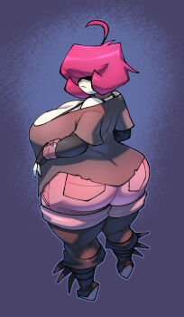 1girl ahoge ass bigdad blue_background bra breasts cleavage closed_mouth collar covered_eyes curvy fingerless_gloves fold-over_boots from_behind gazlene_membrane gloves goth_fashion hair_over_eyes huge_ass huge_breasts invader_zim looking_back pantyhose pantyhose_under_shorts pink_hair pink_shorts shirt short_hair short_sleeves shorts simple_background solo standing thick_thighs thighs underwear