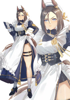 1girl absurdres air_groove_(umamusume) ak8531848 animal_ears apron black_shoes blue_dress blue_eyes brown_hair closed_mouth dress gloves hair_between_eyes hand_on_own_hip high_heels highres holding holding_tablet_pc horse_ears horse_girl horse_tail looking_at_viewer maid maid_apron maid_headdress shoes short_hair side_slit socks solo tablet_pc tail thigh_strap umamusume white_gloves white_socks zoom_layer