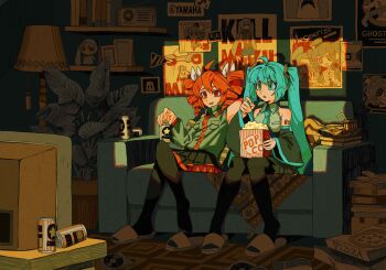 Rule 34 | 2girls, ahoge, aimaina, akira (manga), bare shoulders, black pantyhose, black shirt, black sleeves, blue hair, booskaboo, breast pocket, can, cd, collared shirt, couch, detached sleeves, drinking straw, dual persona, eating, food, full body, ghostbusters, hatsune miku, highres, holding, holding food, indoors, jaws (movie), kasane teto, kill bill, long hair, lying, mesmerizer (vocaloid), monitoring (vocaloid), multiple girls, musekinin shuugoutai (synthesizer v), natuso7, on back, pantyhose, pillow, pizza box, plant, pocket, popcorn, portrait (object), poster (object), red eyes, sandals, sapporo beer, shirt, sitting, sleeveless, sleeveless shirt, slides, television, tetoris (synthesizer v), twintails, utau, vocaloid, wing collar, world's end dancehall (vocaloid)