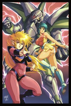 Rule 34 | 1980s (style), 2girls, armor, artist logo, bare arms, bare legs, belt, black armor, black boots, blonde hair, bodysuit, boots, bracelet, bracer, breasts, commentary, danmakuman, dated, drill hair, drill sidelocks, english commentary, faux retro artstyle, foot out of frame, gradient background, green eyes, green hair, highres, iczer-1, iczer (series), iczer robo, jewelry, kanou nagisa, knee boots, lightning, logo, long hair, mecha, medium breasts, medium hair, messy hair, miniskirt, multiple girls, oldschool, open mouth, outstretched arm, panties, pantyshot, pink bodysuit, pointy ears, red eyes, red shirt, retro artstyle, robot, shiny skin, shirt, shoulder pads, sidelocks, skirt, tank top, tatakae!! iczer-1, teeth, thighs, two-tone shirt, underwear, upper teeth only, very long hair, white panties, yellow shirt, yellow skirt