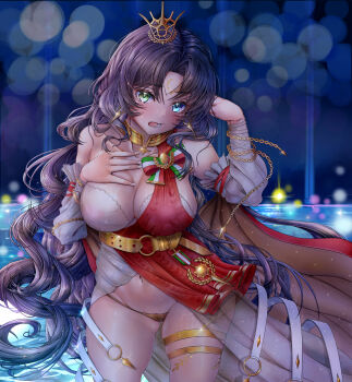 1girl absurdres azur_lane blue_eyes blush breasts cleavage commander_kei cowboy_shot detached_sleeves dress gold_panties green_eyes hand_on_own_chest heterochromia highres large_breasts long_hair long_sleeves looking_at_viewer red_dress roma_(azur_lane) see-through_clothes solo thigh_strap two-tone_dress very_long_hair wading water white_dress