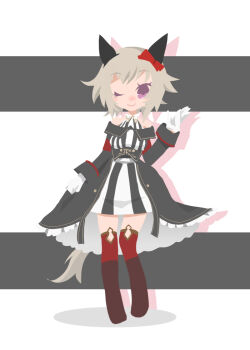1girl ;) animal_ears beer_hsk black_jacket boots bow breasts brown_boots chibi closed_mouth commentary_request curren_chan_(fille_eclair)_(umamusume) curren_chan_(umamusume) dress drop_shadow ear_bow full_body gloves grey_hair hand_up horse_ears horse_girl horse_tail jacket long_sleeves looking_at_viewer medium_breasts off-shoulder_jacket off_shoulder one_eye_closed purple_eyes red_bow red_thighhighs shadow sleeveless sleeveless_dress smile solo standing striped_clothes striped_dress tail thighhighs thighhighs_under_boots umamusume vertical-striped_clothes vertical-striped_dress white_dress white_gloves