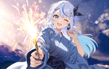 Rule 34 | 1girl, black hair, black ribbon, blue bow, blue bowtie, blue hair, blue kimono, blue nails, bow, bowtie, bracelet, braid, collarbone, commentary request, fireworks, hair bun, hair ornament, hair ribbon, hairclip, highres, holding, holding fireworks, indie virtual youtuber, japanese clothes, jewelry, kimono, long hair, multicolored hair, nail polish, obi, obi bow, one eye closed, open mouth, parallel hairclips, ribbon, sash, shiozora namiri, side braid, single side bun, siokazunoko, sky, solo, sparkler, streaked hair, striped clothes, striped kimono, vertical-striped clothes, vertical-striped kimono, virtual youtuber, white hair, yellow eyes