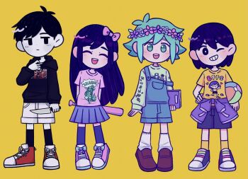 1girl 3boys alternate_costume antenna_hair arms_behind_back aubrey_(headspace)_(omori) aubrey_(omori) ball baseball_bat basil_(headspace)_(omori) basil_(omori) black_eyes black_hair black_hoodie black_socks blue_overalls blue_skirt blue_socks blush book bow bright_pupils brown_shoes closed_eyes closed_mouth clothes_around_waist colored_skin commentary flower flower_wreath goodluck_4444 green_eyes green_hair green_sweater hair_bow head_wreath hector_(omori) highres holding holding_ball holding_baseball_bat holding_book holding_knife hood hoodie jacket jacket_around_waist kel_(headspace)_(omori) kel_(omori) knife loafers long_hair long_sleeves looking_at_viewer multiple_boys omori omori_(omori) one_eye_closed open_mouth orange_shirt orange_socks overall_shorts overalls pink_bow pink_shirt pink_shoes pleated_skirt purple_eyes purple_hair purple_jacket purple_shoes red_shoes shirt shoes short_hair short_sleeves shorts sidelocks simple_background skirt smile sneakers socks sweater symbol-only_commentary t-shirt teeth upper_teeth_only white_pupils white_shorts white_skin yellow_background