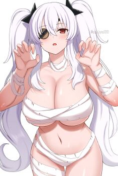 1girl artist_name bandaged_arm bandaged_leg bandages blush breasts chest_sarashi claw_pose cleavage collarbone commentary eyepatch grey_hair hair_between_eyes hair_ornament hands_up highres huge_breasts leaning_forward long_hair looking_at_viewer navel red_eyes sarashi senran_kagura sidelocks solo surippa1010 thigh_gap twintails twitter_username underboob very_long_hair yagyu_(senran_kagura)