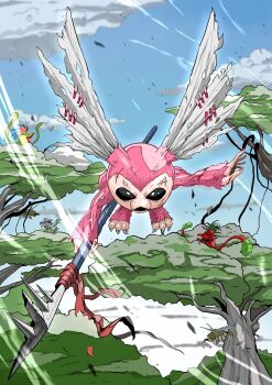 Rule 34 | alraumon, claws, digimon, digimon (creature), epic, highres, lance, looking at viewer, picklemon, polearm, redvegimon, spikes, tree, vegimon, weapon, wings, yanmamon