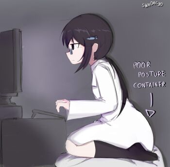 Rule 34 | 1girl, artist name, at computer, black eyes, black hair, black socks, closed mouth, coat, commentary, english text, fish hair ornament, fish hairpin, full body, glasses, grey background, hair ornament, hairpin, highres, indoors, kneeling, lab coat, long hair, long sleeves, looking at screen, shimeji simulation, sidelocks, sitting on pillow, socks, swadac30, symbol-only commentary, tsukishima shijima's sister, twintails, white coat