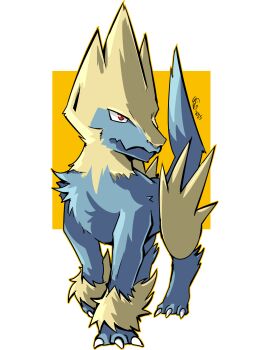 Rule 34 | absurdres, blue fur, claws, destinywebgio, full body, gen 3 pokemon, highres, looking to the side, manectric, nintendo, no humans, pokemon, pokemon (creature), red eyes, signature, solo, two-tone fur, yellow fur