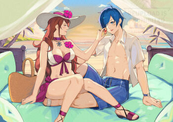 1boy 1girl beach bikini blue_hair couple food food_on_face kirijou_mitsuru persona persona_3 persona_3_reload red_hair sandals swimsuit yusi_vishnu yuuki_makoto_(persona_3)