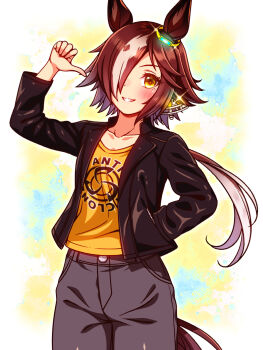 1girl animal_ears black_jacket black_pants blush breasts brown_eyes brown_hair casual collarbone commentary_request hair_over_one_eye hand_in_pocket highres horse_ears horse_girl horse_tail jacket leather leather_jacket long_hair long_sleeves looking_at_viewer multicolored_hair open_clothes open_jacket open_mouth pants pointing pointing_at_self shirt small_breasts smile solo sugimotty_nova tail teeth umamusume vodka_(casual)_(umamusume) vodka_(umamusume) white_hair yellow_shirt