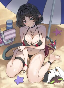 1girl animal_ears ankle_strap arm_under_breasts bangboo_(zenless_zone_zero) bare_shoulders barefoot beach beach_umbrella bikini black_bikini black_choker black_hair bracelet breasts choker cleavage collarbone commentary criss-cross_straps day feet green_eyes head_tilt heart heart_necklace highres jane_doe_(zenless_zone_zero) jewelry kimae large_breasts long_hair looking_at_viewer mole mole_on_ass mole_on_breast mouse_ears mouse_girl mouse_tail navel necklace o-ring o-ring_bikini o-ring_bottom sand shade sitting smile soles solo starfish swimsuit tail thigh_strap thighs toes umbrella untranslatable_commentary zenless_zone_zero