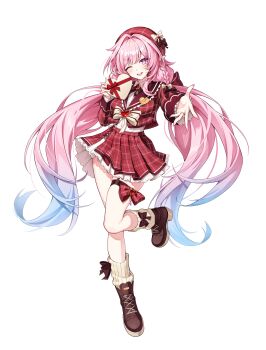 Rule 34 | 1girl, ;), absurdres, alternate costume, aqua hair, beret, box, breasts, brown shoes, commentary, cyrene (demiurge) (honkai: star rail), cyrene (honkai: star rail), diamond-shaped pupils, diamond (shape), english commentary, hat, heart, heart-shaped box, highres, holding, holding heart, honkai: star rail, honkai (series), leg warmers, long hair, looking at viewer, medium breasts, one eye closed, pine (angel4195202), pink background, pink hair, pointy ears, purple eyes, red shirt, red skirt, shirt, shoes, simple background, skirt, smile, solo, symbol-shaped pupils, very long hair, white background, white leg warmers