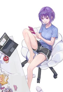 1girl absurdres bang_dream! bang_dream!_it's_mygo!!!!! barefoot black_shorts blacky1266859 blue_shirt breasts cellphone chair commentary computer cup disposable_cup dolphin_shorts drinking_straw highres holding holding_phone laptop makeup medium_breasts open_mouth phone purple_eyes purple_hair shirt short_hair short_sleeves shorts sitting slippers smartphone solo unworn_slippers yuutenji_nyamu
