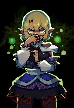 1girl angry arm_between_breasts arm_warmers between_breasts black_pantyhose black_shirt black_skirt blonde_hair breasts brown_shirt clenched_teeth covering_own_mouth cowboy_shot green_eyes hand_over_own_mouth highres iganashi1 looking_at_viewer medium_breasts mizuhashi_parsee off_shoulder one-hour_drawing_challenge pantyhose pointy_ears sash scarf shirt short_hair short_sleeves skirt solo teeth touhou v-shaped_eyebrows white_sash white_scarf