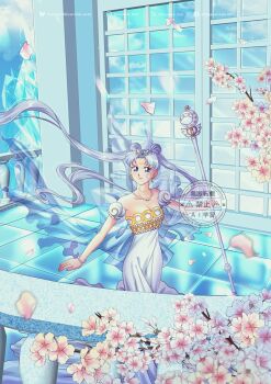 Rule 34 | 1girl, balcony, bare shoulders, bishoujo senshi sailor moon, blue eyes, breasts, cherry blossoms, cleavage, crescent, crescent facial mark, crown, double bun, dress, earrings, eternal tiare, facial mark, forehead mark, glass door, hair bun, heart crown, highres, jewelry, koya, long hair, neo queen serenity, outdoors, parted bangs, smile, solo, strapless, strapless dress, tiara, twintails, very long hair, white crown, white dress