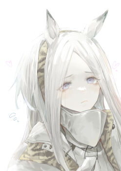 1girl absurdres animal_ears animal_print arknights breasts camel_ears camel_girl ear_covers ear_ornament hairband hasukurira heavyrain_(arknights) highres horse_ears horse_girl horse_tail shirt single_ear_cover solo striped_clothes striped_hairband tail zebra_ears zebra_girl zebra_print zebra_tail