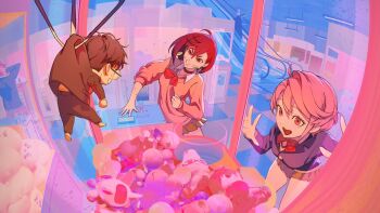 1boy 2girls arcade ayase_momo ayase_seiko black_choker black_hair black_pants blue_shirt bow bowtie brown_eyes brown_hair character_doll choker crane_game dandadan doll earrings escalator gakuran glasses jewelry mintbreak multiple_girls pants pink_eyes pink_hair pink_light pink_sweater pressing_button red_bow red_bowtie round_eyewear school_uniform shiratori_aira_(dandadan) shirt skirt smile sweater takakura_ken_(dandadan) toy