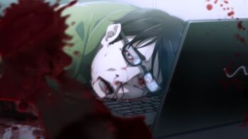 black_hair bleeding blood blood_censor blood_from_mouth blood_in_mouth blood_on_face blood_on_keyboard blood_on_laptop blood_splatter blood_stain bloodshot_eyes bloody_tears chaos;child colored_skin computer corpse crying crying_with_eyes_open death desk exposed_bone flesh game_cg glasses green_jacket grey_eyes head_on_table highres injury jacket laptop male_focus non-web_source nosebleed official_art ootani_yuuma open_mouth pale_skin pool_of_blood saliva sasaki_mutsumi science_adventure severed_hand short_hair snot_trail tears track_jacket white_skin