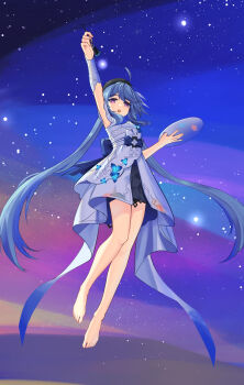 1girl absurdres ahoge bare_legs barefoot beret breasts chinese_commentary commentary_request dress feet griseo griseo_(starry_impression) hat highres holding holding_paint_palette holding_paintbrush honkai_(series) honkai_impact_3rd humugo legs long_hair open_mouth outdoors paint_palette paintbrush purple_eyes sky small_breasts solo star_(sky) starry_sky toes very_long_hair white_dress