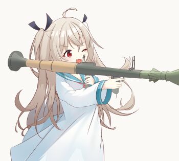 Rule 34 | 1girl, ;d, absurdres, ahoge, aiming, atri, atri-my dear moments-, bilingual commentary, black ribbon, blue sailor collar, brown hair, chinese commentary, commentary, cowboy shot, dress, english commentary, eyelashes, fang, floating hair, from side, hair ribbon, highres, holding, holding rocket launcher, holding weapon, light blush, long hair, long sleeves, looking ahead, mixed-language commentary, one eye closed, open mouth, pun, red eyes, ribbon, rocket launcher, sailor collar, sailor dress, simple background, skin fang, smile, solo, two side up, user cazy4435, v-shaped eyebrows, very long hair, weapon, white background, white dress, wide sleeves