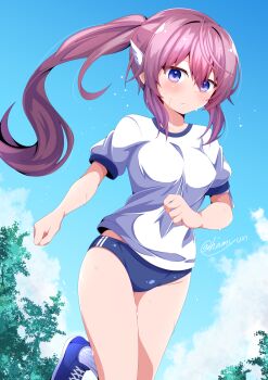 bare_legs blue_buruma blue_eyes blush buruma commentary_request cowboy_shot double_vertical_stripe dutch_angle flying_sweatdrops gym_uniform hair_ornament hamiyun highres long_hair looking_at_viewer noripro outdoors pink_hair shoes sky sneakers socks solo sweat tree virtual_youtuber washu_asuka white_socks