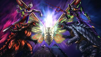 1boy armor bug building burning_godzilla butterfly byneet chest_jewel claws compound_eyes crossover cyborg daiei_film dewclaw dinosaur elbow_spikes eva_01 flying gainax gamera gamera_(series) gamera_3:_revenge_of_iris gem_on_head giant giant_monster giant_robot glowing glowing_eyes glowing_spikes godzilla godzilla_(series) godzilla_vs._destoroyah green_eyes highres insect jumping kaiju khara_(animation_studio) lance lance_of_longinus_(evangelion) looking_at_viewer mandibles mecha monster moth mothra mothra_(series) mothra_leo multiple_crossover neon_genesis_evangelion no_humans no_pupils open_mouth polearm pyramid_(structure) rebirth_of_mothra roaring robot seijin sharp_teeth spikes stinger superhero_costume tail teeth toho tongue tsuburaya_productions turtle turtle_shell tusks ultra_series ultraman_tiga ultraman_tiga_(multi_type) ultraman_tiga_(series) weapon wings yellow_eyes