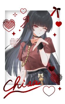 1girl black_choker black_hair black_skirt character_name chisa_(wuthering_waves) choker commentary_request hair_ribbon hime_cut long_hair looking_at_viewer nmnmpngr one_eye_closed parted_lips pleated_skirt red_eyes red_ribbon red_shirt ribbon shirt short_sleeves skirt smile solo twitter_username watermark wuthering_waves