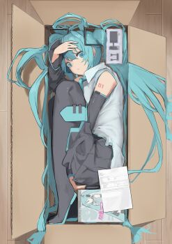 1girl bare_shoulders black_boots black_sleeves blue_eyes blue_hair blue_necktie boots box closed_mouth commentary hair_between_eyes hatsune_miku highres in_box in_container long_hair looking_at_viewer necktie number_tattoo pocche-ex shirt shoulder_tattoo solo tattoo thigh_boots twintails very_long_hair vocaloid white_shirt