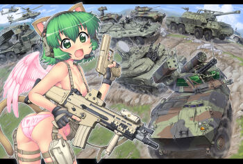 Rule 34 | 152mm spgh dana, 1girl, 2a7 autocannon, ah-64 apache, aircraft, amphibious vehicle, angel wings, animal ears, anti-aircraft, anti-aircraft gun, armored fighting vehicle, armored personnel carrier, armored reconnaissance, armored vehicle, artillery, ass, assault rifle, attack helicopter, autocannon, blush, breasts, cannon, cat ears, cat tail, caterpillar tracks, chain gun, collarbone, ear protection, eotech, fang, female focus, fingerless gloves, fn scar, gatling gun, gau-12 equalizer, gloves, green eyes, green hair, gun, gunship, h&amp;k usp, handgun, hase yu, headset, heckler &amp; koch, helicopter, helicopter gunship, highres, holster, howitzer, humvee, lav-25, lav-ad, lav-at, m242 bushmaster, machine gun, man-portable air-defense system, matching hair/eyes, military, military vehicle, missile launcher, missile pod, missile vehicle, motor vehicle, multiple-barrel gun, multiple rocket launcher, nyano, open mouth, original, panties, pink panties, pistol, radar dish, reconnaissance vehicle, remote controlled weapon station, rifle, rocket artillery, rotary cannon, scout car, self-propelled anti-aircraft-gun, self-propelled anti-aircraft weapon, self-propelled artillery, self-propelled gun, self-propelled howitzer, self-propelled rocket launcher, side-tie panties, small breasts, solo, tail, tank, tank destroyer, thigh holster, topless female, transporter erector launcher, trigger discipline, turret, underwear, vehicle, vertical forward grip, weapon, wings, zsu-23-4