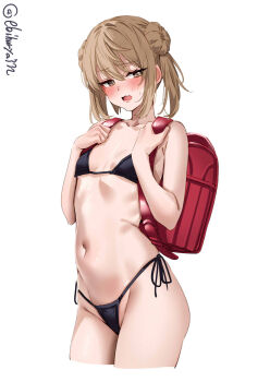 1girl backpack bag bare_arms bare_shoulders bikini black_bikini blush breasts brown_eyes brown_hair collarbone commentary_request double_bun ebifurya fang groin hair_bun hands_up highres holding_strap kantai_collection looking_at_viewer michishio_(kancolle) navel one-hour_drawing_challenge open_mouth randoseru side-tie_bikini_bottom simple_background small_breasts solo sweat swimsuit twintails twitter_username white_background
