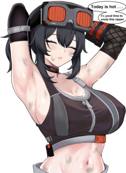 1girl armpits arms_up bare_shoulders black_choker black_hair breasts choker cleavage closed_eyes collarbone crop_top dirty goggles goggles_on_head grace_howard highres large_breasts medium_hair midriff mikhdrag navel sidelocks solo speech_bubble sports_bra stomach sweat upper_body zenless_zone_zero